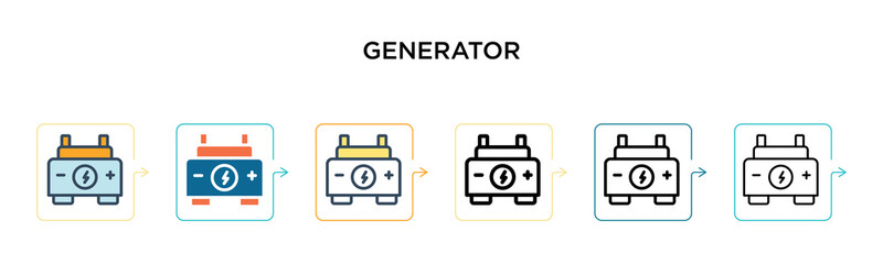 Generator vector icon in 6 different modern styles. Black, two colored generator icons designed in filled, outline, line and stroke style. Vector illustration can be used for web, mobile, ui