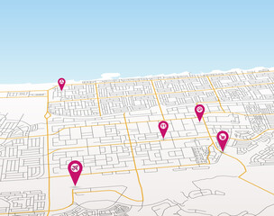 Vector city map in perspective view with pointers