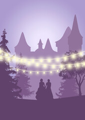 Lavender illustration with a same-sex couple, castle and magical lights. Lesbian / LGBT wedding Invitation, Save the Date card lights. Decorative holiday lights for a back yard party. Place for text.