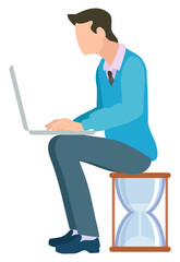 Man sitting on hourglass and typing on laptop. Vector isolated businessman, time management concept, and glasses and work control, efficiency of work. Business education