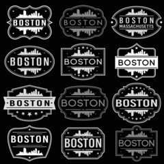 Boston Massachusetts Skyline. Premium Quality Stamp Frames. Grunge Design. Icon Art Vector. Old Style Frames.