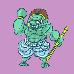 Green Giant with cudgel. Cartoon illustration.