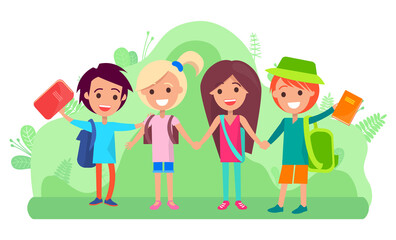 Group of students with textbooks and backpacks standing together and holding hands. Schoolkids with rucksacks spending time outdoors. Cheerfull teenagers study