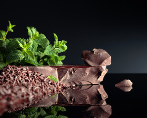 Pieces of dark bitter chocolate, chocolate chips and mint.