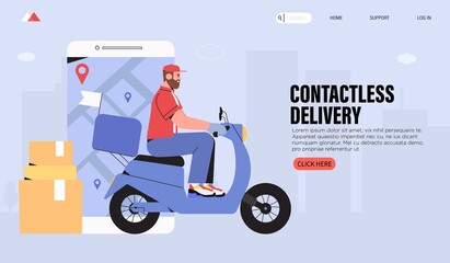 Online contactless delivery service for commercial and private interests banner, landing page. Courier on scooter delivering package to client. Smartphone with mobile application for delivery tracking