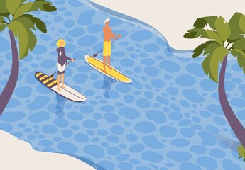 Vector outdoor landscape with two people on stand up paddle boards. Sup surfers isometric concept scenery with sea and palm trees