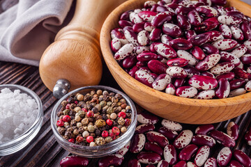 Fresh organic natural beans on wooden rustic background