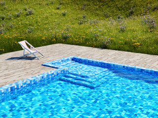 Fototapeta na wymiar Swimming pool with wooden floor and deck chair