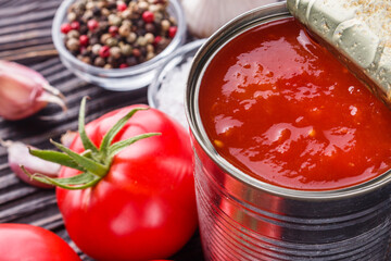 juicy canned tomatoes on wooden rustic background