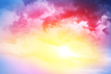 Sunrise on bright blue sky & colorful clouds background, sunset landscape, yellow sunlight, red & purple cloudy skies, fantastic heaven panoramic view, morning sun glow, beautiful sunshine wallpaper 