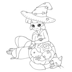 Cute cartoon witch with her cat and a magic ball. Vector illustration.  Decor elements for gift card and kids products. Halloween theme. White and black vector illustration for coloring book.