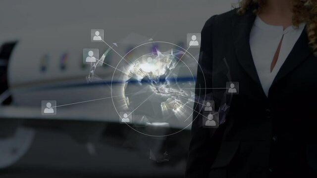 Animation of global network of connections with woman in background