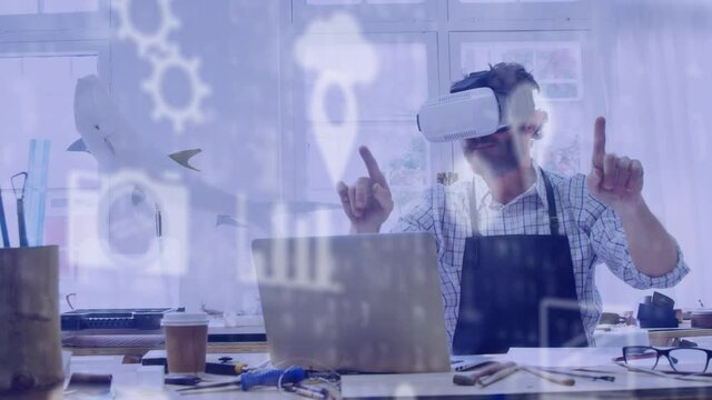 Animaiton of Caucasian man with 3D googles over data processing and forms