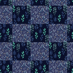 A seamless pattern with tiny bcetons of light colored flowers in violet color. Or willow twigs with spring buds. Green Leaves of Plants.