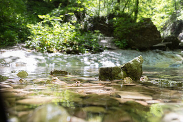 Naklejka na ściany i meble Spirituality and nature concept: Small stone in the fresh and clean water of a mountain creek