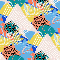 Bright, multi-color seamless patterns with elements of tropical leaves, animal elements. Figure skin leopard, tiger, zebra. Modern abstract collage.