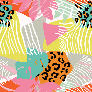 Bright, multi-color seamless patterns with elements of tropical leaves, animal elements. Figure skin leopard, tiger, zebra. Modern abstract collage. © taisiyakozorez