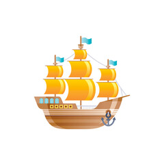 Cartoon old vintage ship icon.Retro galleon for logo, sea travel, cruise and water transport design. Flat vector illustration isolated on white background.