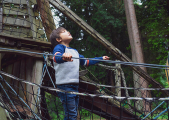 Portrait active kid climbing on rope frame at treehouse.Young boy standing alone and looking up at high forest tree near the park, Child playing outdoor playground alone in Autumn, .
