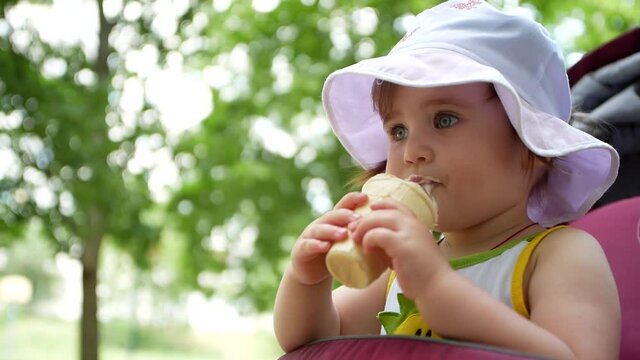 On a hot summer day, a cute little girl in a panama hat eats ice-cream while sitting in a stroller in a park on a background of colorful green trees.