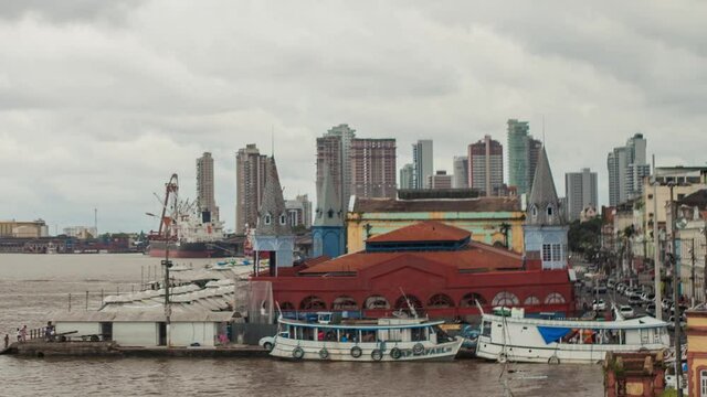 Time lapse of Mercado ver o peso and river front, Belem, Para, Brazil
