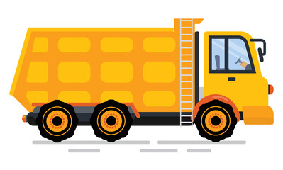 Dump truck of transportation of soil, empty trucking automobile. Yellow lorry with stairs, side view of cargo auto on road, construction work, car vector