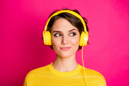 Close-up portrait of her she nice attractive lovely cute charming cheery girl listening podcast playlist modern track isolated on bright vivid shine vibrant pink fuchsia color background
