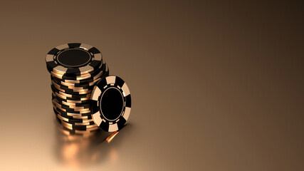 Gold theme casino concept background with stack of golden shiny chips. 3D illustration
