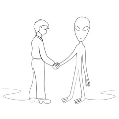 A man and an alien from outer space shake hands. Drawn in one line. Isolated stock vector illustration.