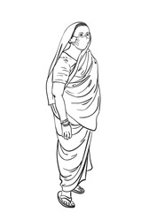 Sketch of old indian woman in medical face mask in sari standing barefoot, Vector hand drawn illustration