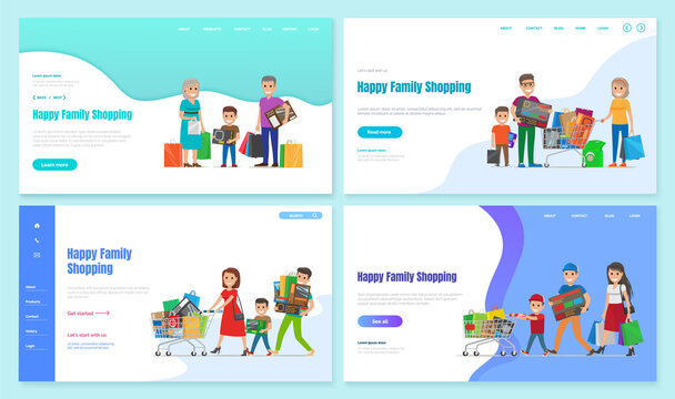 Collection of characters with shopping trolley. Personages with bought products from shops and stores. Mother and father with kids, son or daughter. Website or webpage template, landing page vector