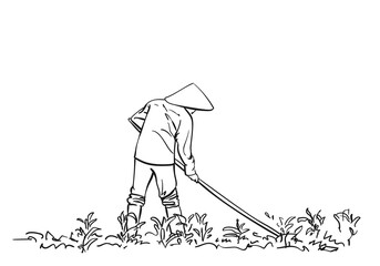 Peasant in vietnamese hat works on field, Hand drawn vector sketch linear illustration