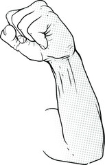 strong male hand in protest symbol clenched fist raised up drawn in retro pop art style