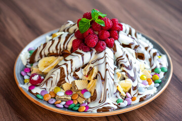 Sweet Waffles with milk chocolate, white chocolate, vanilla cream, strawberries, banana, vanilla ice cream sweet popcorn