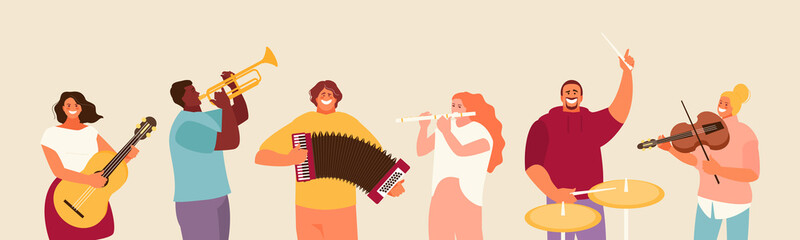 People group playing various musical instruments. Concert and festival vector illustration © artbesouro