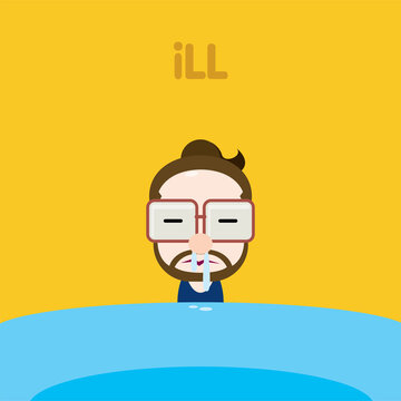 Cartoon illustration. Man ill and cold