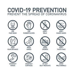 Coronavirus covid19 prevention creative illustration banner. Word lettering typography gray line icons on white background. Thin line infographic style quality design for corona virus covid 19 prevent