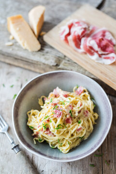Carbonara with homemade spaghetti, Parmigiano Reggiano stravecchione and Coppa Pelata