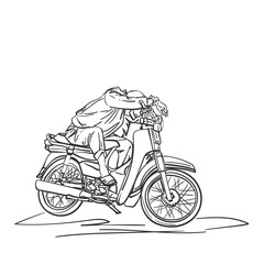 Man is taking a nap on his motorbike. Vietnam. Hand drawn outline illustration, vector sketch