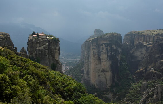 View over the orthodox monasteries of Meteora (Greece) nestled in impressive rock formations