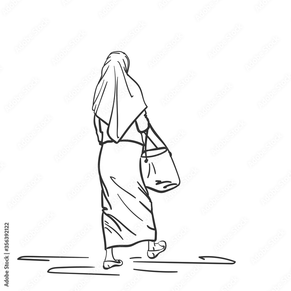 Wall mural walking muslim woman, back view. hand drawn linear illustration, vector sketch