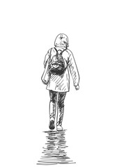 Walking woman in rain jacket with hood and with small backpack, Back view. Hand drawn illustration, vector sketch