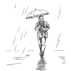 Young man walking in rain under umbrella. Hand drawn illustration, vector sketch © art_of_line