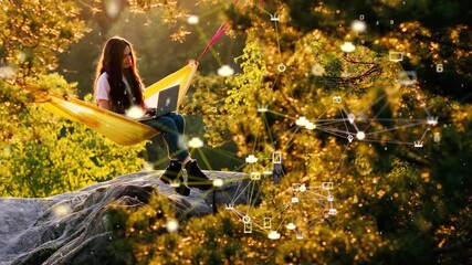 Awesome shot of hipster woman or millennial freelancer write blog post or work on remote office project on laptop. Visualization of Information and Global Network. Girl sitting in hammock - Powered by Adobe