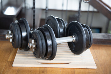 Obraz na płótnie Canvas Two Black gym dumbbells with disks on the wooden floor indoor. Sport at home