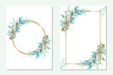 multipurpose golden frame with green leaves in watercolor style
