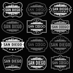 San Diego California Skyline. Premium Quality Stamp Frames. Grunge Design. Icon Art Vector. Old Style Frames.