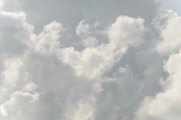 White big fluffy clouds. Natural scenic abstract background. Weather changes backdrop. Sky filled with voluminous clouds.