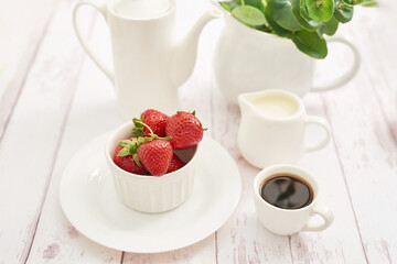 Detox concept. Tasty fruits and berries. Healthly food. Veganism, vegetarianism, raw food diet. Strawberries and coffee set. Summer fresh fruits. Copy space.Vitamins in food. Healthy breakfast.
