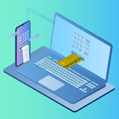 Online transfers.An isometric image of a smartphone and laptop transferring money using a credit card.The concept of transferring funds using modern technologies.Vector illustration.
